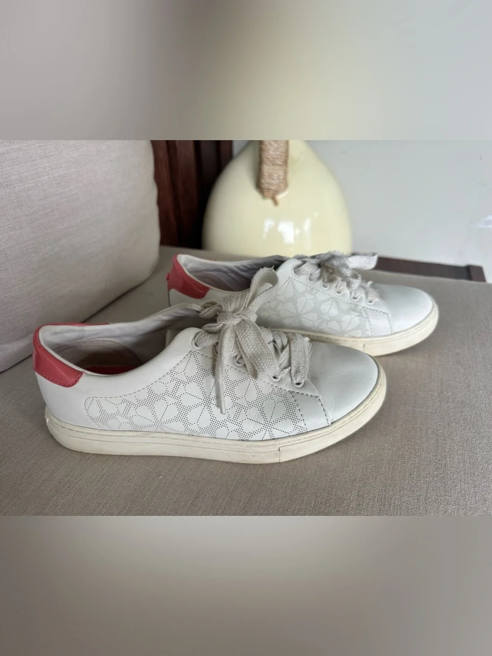 Kate spade Women's White Leather Sneakers with Pink Heel Accent